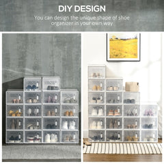 18 pcs Portable Shoe Storage Cabinet, Cube Storage Organizer for UK/EU Size up to 43 with Magnetic Door for Women/Men, Clear and White