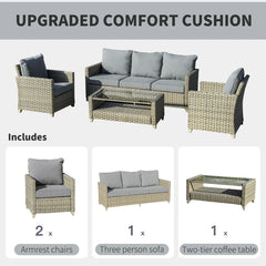 4 Pieces Rattan Patio Wicker Sofa Set with 2-Tier Coffee Table