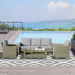 4 Pieces Rattan Patio Wicker Sofa Set with 2-Tier Coffee Table