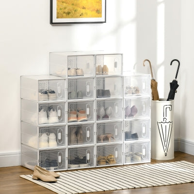 18 pcs Portable Shoe Storage Cabinet, Cube Storage Organizer for UK/EU Size up to 43 with Magnetic Door for Women/Men, Clear and White
